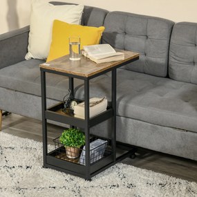 Mesa Auxiliar Industrial em Forma de C com Rodas Prateleiras Abertas e Estrutura de Aço 51x33x66 cm Castanho Escuro e Preto