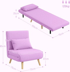 Sofá Cama Individual  Estofado em Linho com Encosto Ajustável em 5 Posições e Almofada Sofá Cama Pequeno 72x75x85 cm Rosa