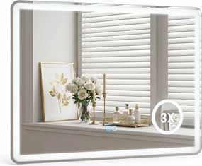 Espelho de Casa de Banho, 80 x 60 x 4 cm, Iluminação LED Regulável, Prateado