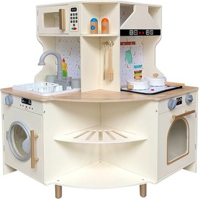 Cozinha de brincar para crianças de canto em madeira 62 x 62 x 80 cm com torneira e lava-louças funcionais Micro-ondas e máquina de lavar louça bege
