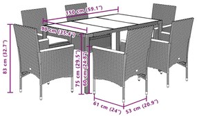 7 pcs conjunto jantar jardim c/ almofadões vime PE/acácia cinza