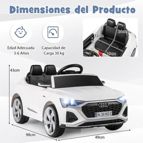 Carro elétrico para crianças de 12 V com controlo remoto de 2,4 G Luzes LED Arranque suave e suspensão com molas Branco