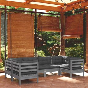 vidaXL 6 pcs conjunto lounge de jardim c/ almofadões pinho cinza