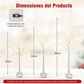 Conjunto de 3 árvores de bétula iluminadas de Natal artificiais pré-montadas de 120/150/180 cm com 216 luzes LED brancas