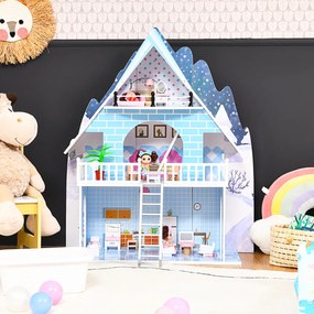 asa de Bonecas de Madeira Casa de Brinquedos com 3 Pisos 15 Móveis e 3 Bonecas Dispositivo Antitombo Materiais Seguros para Crianças +3 Anos