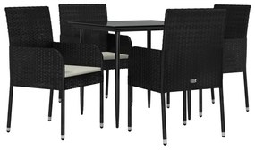 5 pcs conjunto de jantar p/ jardim c/ almofadões vime PE preto