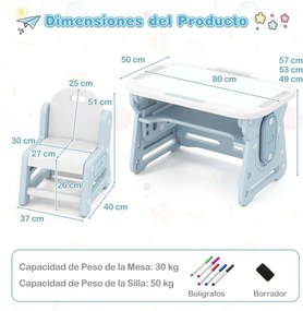 Conjunto de mesa e cadeira para crianças com quadro negro inclinado, suporte para livros e prateleira côncava para maiores de 3 anos, Azul