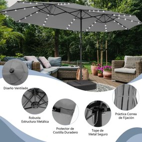Guarda-sol dupla face de 470 cm com base Areia e 48 luzes LED Painel solar de carregamento automático Mecanismo de manivela Cinzento