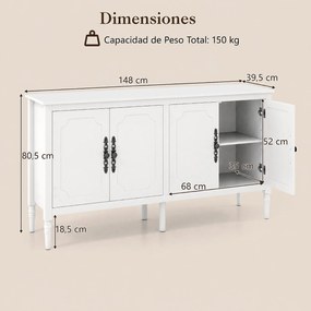 Aparador de 4 Portas, 148 x 39,5 x 80,5 cm, Prateleiras Ajustáveis, Branco