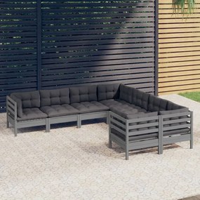 8 pcs conjunto lounge de jardim + almofadões pinho maciço cinza