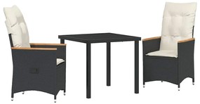Conjunto de Jantar de Jardim com 3 Peças com Almofadas Pretas em Ratta