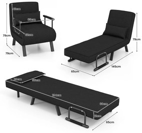 Sofá-cama conversível dobrável Cadeira de dormir individual Encosto ajustável Almofada destacável Almofada Estofamento para Casa escritorio Preto