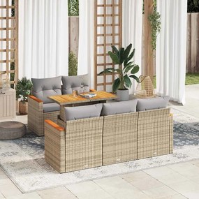 6 pcs conjunto sofás jardim com almofadões vime PE/acácia bege