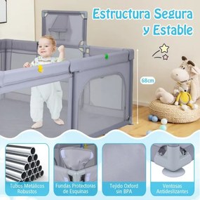 Parque infantil grande e seguro 207 x 145 x 68 cm com cesto de basquetebol e redes de futebol, argolas para lançar e bolas oceânicas, portas cinza cla
