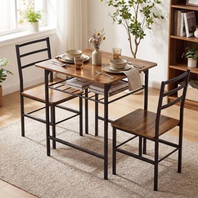 Conjunto de mesa de jantar com 2 cadeiras, mesa de cozinha com cadeiras para 2 pessoas, estrutura em metal, castanho