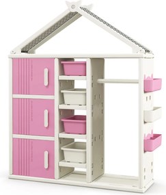 Guarda roupa para crianças, infantil 130 x 34 x 156 cm com caixa, prateleiras e cesto lateral Rosa