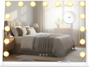 Espelho maquilhagem LED com 15 lâmpadas 10 x 62,5 x 45,8 cm, ampliação de 10 vezes, porta de carregamento branco