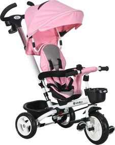 HOMCOM Triciclo infantil 6 em 1 com pega de empurrar, toldo, cinto, cesto de armazenamento, 18+ meses, Rosa | Aosom Portugal