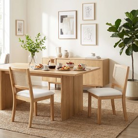 Conjunto de 2 cadeiras de sala de jantar e de cozinha com assento almofadado (MESA NÃO INCLUIDA), encosto com efeito de vime, nas cores creme e cor ca