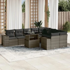 10 pcs conjunto sofás de jardim c/ almofadões vime PE cinzento