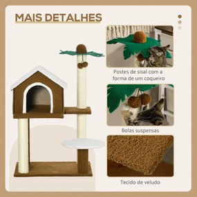 Árvore Arranhador para Gatos Altura 89cm Torre para Gatos com Casa de Pelúcia Plataforma Poste em Forma de Coqueiro de Sisal e Bolas Suspensas 55x40x8