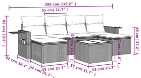 7 pcs conjunto sofás p/ jardim c/ almofadões vime PE cinzento