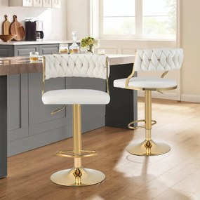 2 bancos de cozinha altos em veludo, altura regulável, giratórios com apoio para pés, para sala de jantar, café, bar, 48 x 47 x 85-107 cm, branco