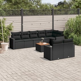 9 pcs conjunto de sofás p/ jardim c/ almofadões vime PE preto