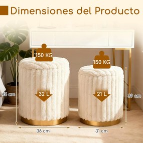 Conjunto de 2 pufe modernos 32 L + 21 L Pufes redondos estofados em pele de coelho com tampas removíveis e espaço bege