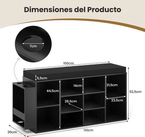 Banco sapateira 30 x 110 x 52,5 cm com suporte para guarda-chuvas, 10 compartimentos, assento acolchoado e prateleiras ajustáveis, preto