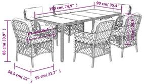 7 pcs conjunto de jantar p/ jardim c/ almofadões vime PE cinza