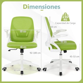 Cadeira de escritório ergonómica com apoio lombar integrado, apoios de braços rebatíveis, rodas universais, altura ajustável, Verde