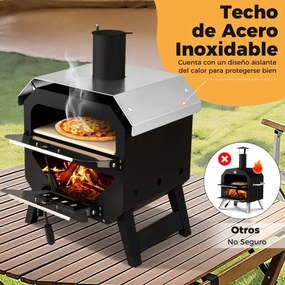 Forno para pizza ao ar livre com pedra para pizza, tabuleiro e tampa em aço inoxidável para campismo 45 x 43 x 61 cm Preto