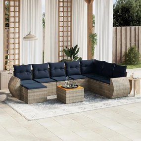 vidaXL 9 pcs conjunto sofás p/ jardim c/ almofadões vime PE cinzento