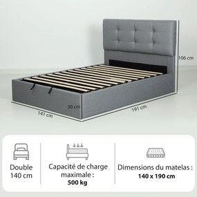 Cama com arrumação 140x190 (COLCHÃO NÃO INCLUIDO), estrutura de cama de casal estofada com base de ripas de madeira e arrumação oculta, sem colchão, c