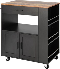 Carrinho de cozinha com rodas com 3 prateleiras abertas para especiarias, gaveta grande com 2 portas e toalheiro 75 x 50 x 92 cm Preto