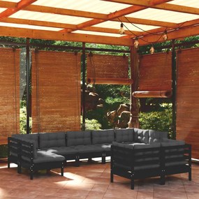 vidaXL 9 pcs conjunto lounge jardim c/ almofadões pinho maciço preto