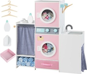 Conjunto de lavandaria em madeira para crianças Máquina de lavar roupa realista com acessórios Ferro de engomar e cabides Brinquedo educativo Rosa