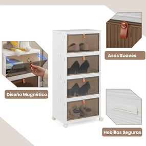 Sapateira dobrável ​​de 4 prateleiras com portas magnéticas transparentes e rodas universais com travão Cor: Branco + Castanho