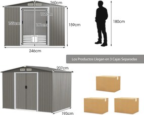 Abrigo de jardim Portas duplas e rampa para ferramentas 260 x 207 x 180 cm Cinzento escuro