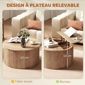 Mesa de Centro Elevável, 80 x 80 x 42 cm, Arrumação Oculta, cor Madeira Natural