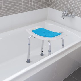 Assento de duche regulável em altura; banco de duche ergonómico; pés antiderrapantes; carga máxima de 135 kg; alumínio e HDPE; branco e azulFR