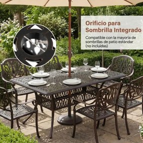 Mesa de jardim de exterior retangular 151 x 91 x 73 cm em alumínio fundido com orifício para guarda-sol de 5 cm, estilo vintage