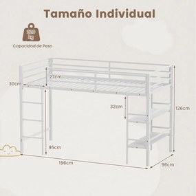 Cama Alta Infantil com Estantes para Arrumação, 196 x 96 x 126 cm (COLCHÃO NÃO INCLUIDO), Estrutura Metálica Reforçada, Branco