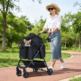Carrinho para animais de estimação 3 em 1 dobrável com assento para carro, transportadora removível e toldo de malha ajustável para cães e gatos, pret