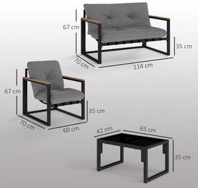 Conjunto de Jardim de 4 Peças com 2 Poltronas e 1 Sofá de 2 Lugares com Almofadas e Mesa de Centro Cinzento e Preto