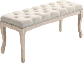 Banco com assento estofado, 110 cm, estofado em linho, com base em madeira de hevea esculpida, linho bege