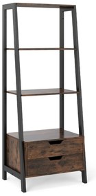 Estante em forma escada 52 x 39,5 x 134 cm com 4 prateleiras abertas e 2 gavetas Castanho Rústico + Preto
