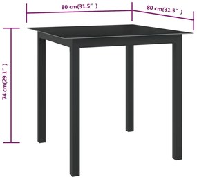 Mesa de jardim em alumínio e vidro 80x80x74 cm preto