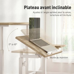 Secretária para trabalhar sentado ou em pé, ajustável em altura, 70 x 60 cm, com rodas, tampo inclinável e estrutura em metal castanho, branco